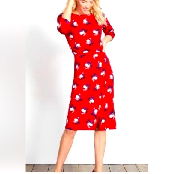 Boden Lottie Ruched Jersey Red Floral Print Midi Dress Bloom Size 8 and 10 - Picture 1 of 4